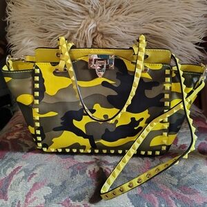 Valentino Garavani Rockstud All Leather Camouflage Yellow, Gray & Black Bag.
